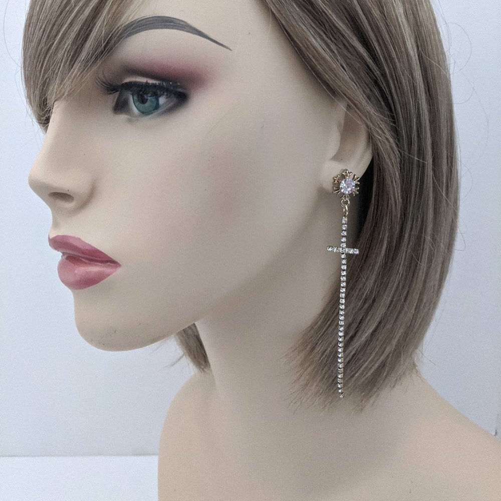 Dainty Cross Earrings Long Rhinestone Bling Gold